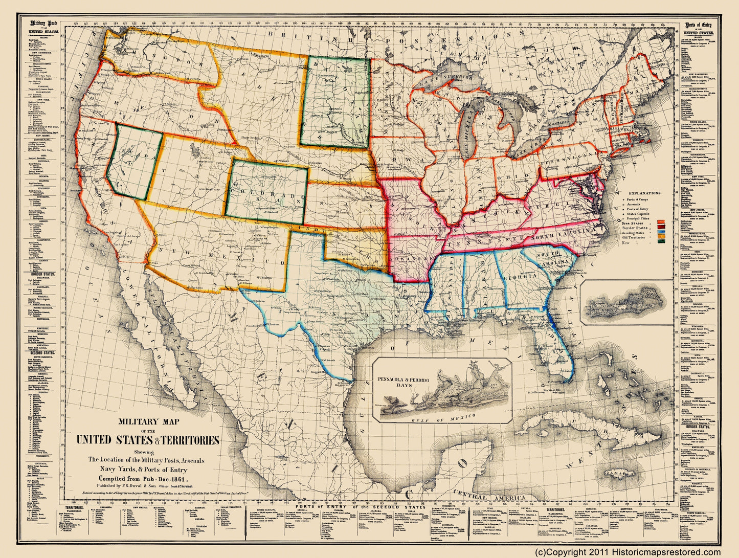 Historical Civil War Map - United States Arsenals Military Posts Navy Yards Ports - Duval 1861 - 23 x 30.47 - Vintage Wall Art