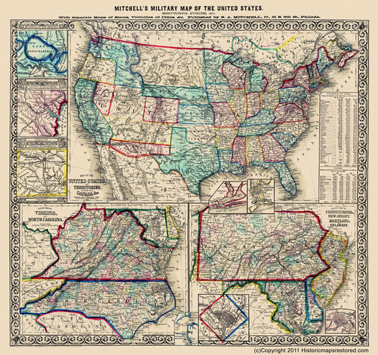 Historical Civil War Map - United States Military Forts - Mitchell 1861 - 23 x 24.46 - Vintage Wall Art