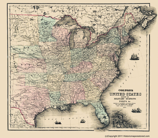 Historical Civil War Map - United States Military Stations Forts - Colton 1861 - 23 x 26.23 - Vintage Wall Art