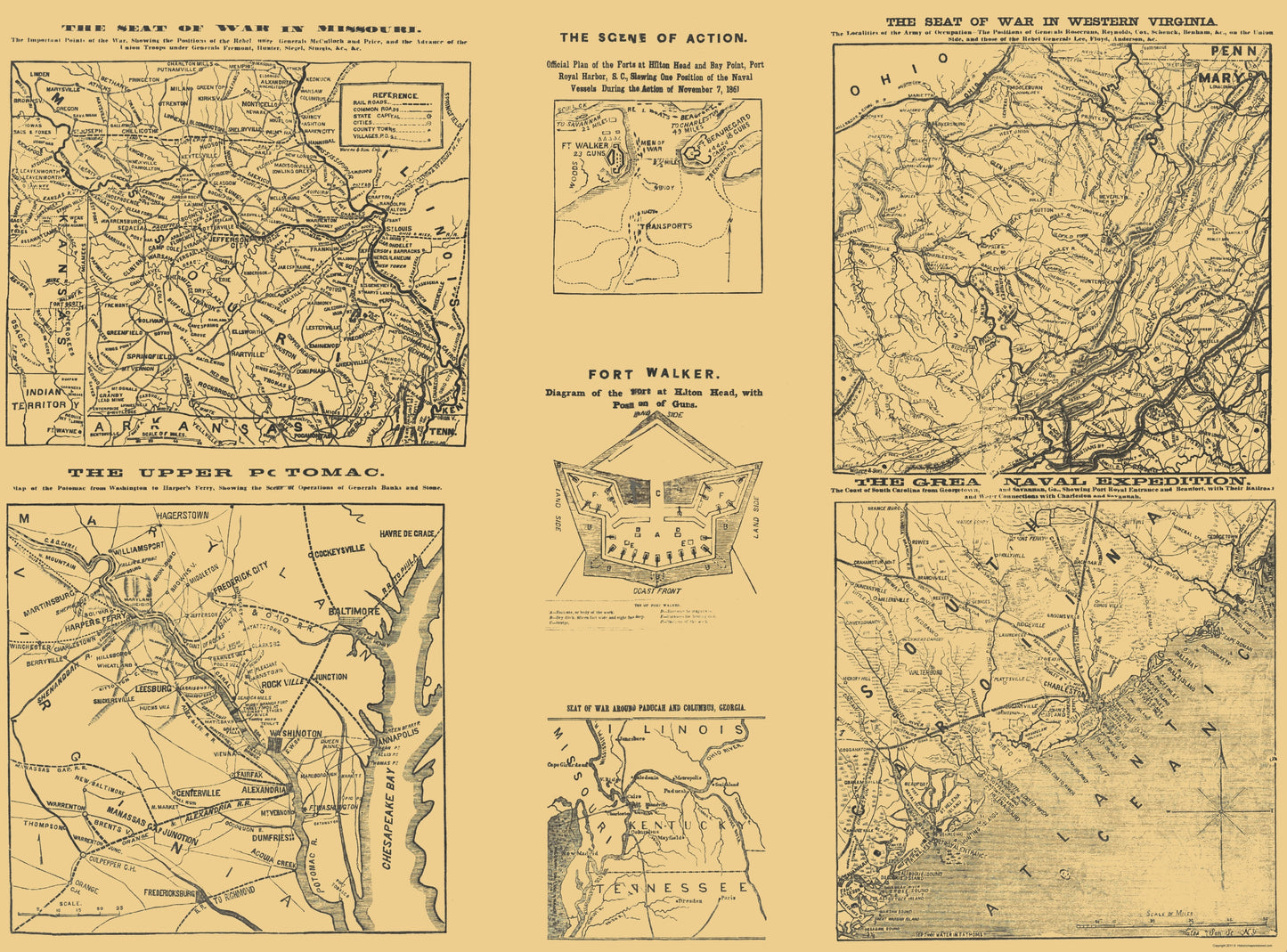 Historical Civil War Map - Virginia Maryland Missouri Theatres 4 Views - Hall 1861 - 23 x 31.09 - Vintage Wall Art