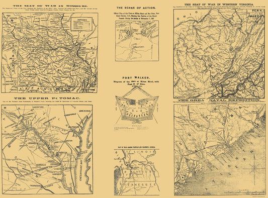 Historical Civil War Map - Virginia Maryland Missouri Theatres 4 Views - Hall 1861 - 23 x 31.09 - Vintage Wall Art