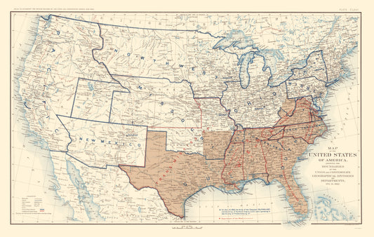 Historical Civil War Map - Geographical Divisions Departments December 1862 - Bien 1895 - 23 x 36.25 - Vintage Wall Art