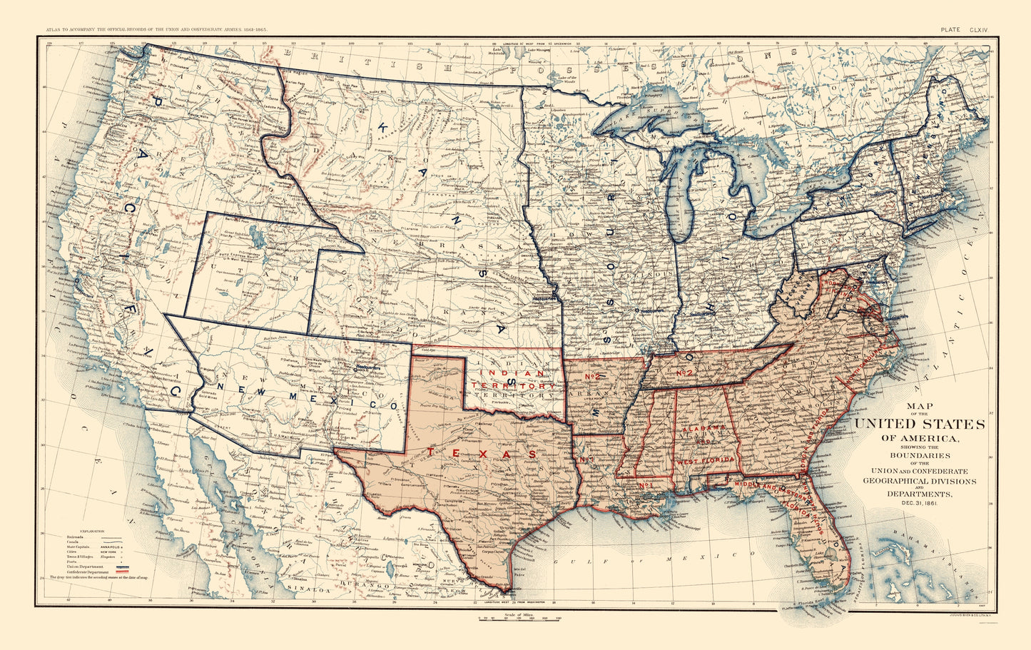 Historical Civil War Map - Geographical Divisions Departments December 1861 - Bien 1895 - 23 x 36.50 - Vintage Wall Art