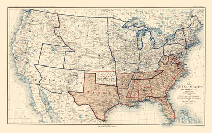 Historical Civil War Map - Geographical Divisions Departments December 1861 - Bien 1895 - 23 x 36.50 - Vintage Wall Art