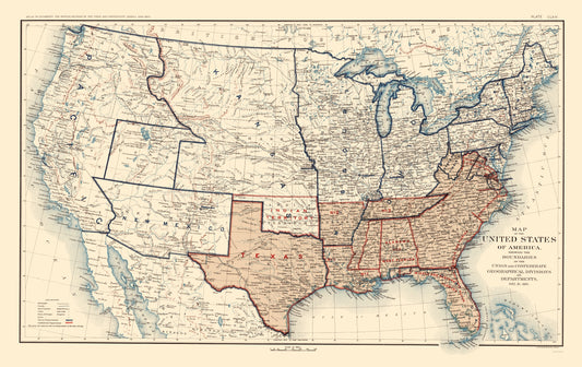 Historical Civil War Map - Geographical Divisions Departments December 1861 - Bien 1895 - 23 x 36.50 - Vintage Wall Art