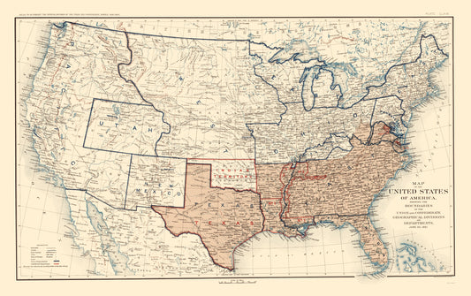 Historical Civil War Map - Geographical Divisions Departments June 1861 - Bien 1895 - 23 x 36.58 - Vintage Wall Art