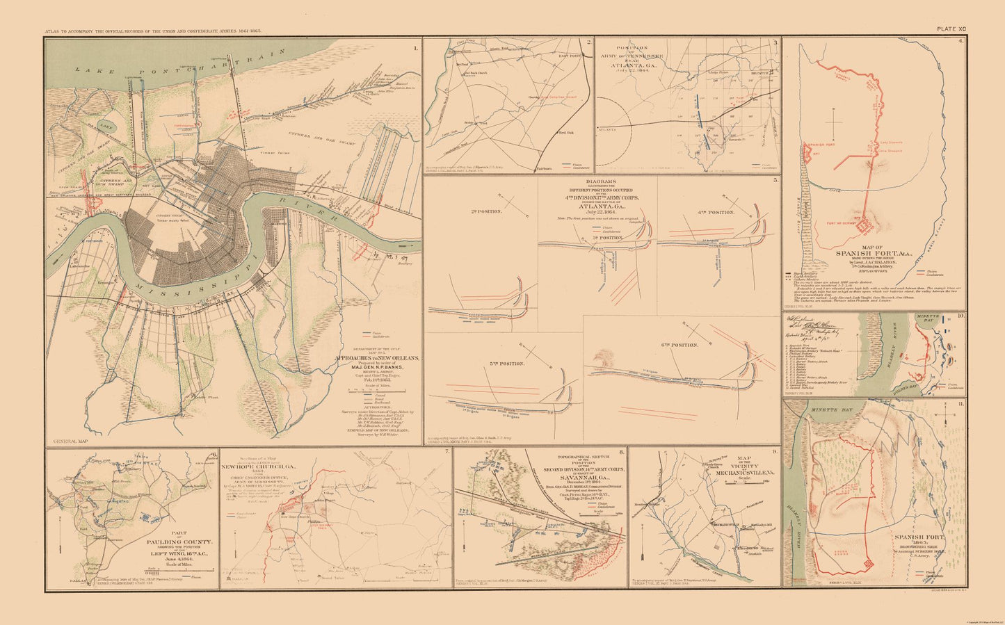 Historical Civil War Map - United States Southern Approaches Forts - Bien 1894 - 36.98 x 23 - Vintage Wall Art