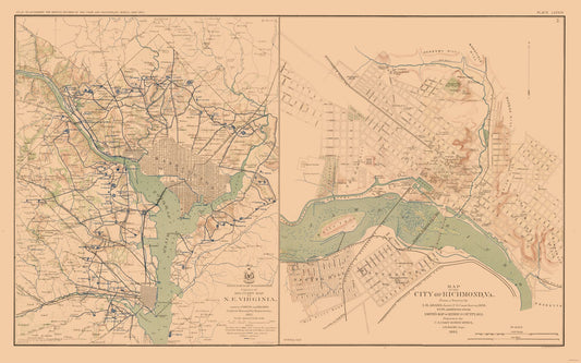 Historical Civil War Map - Washington Richmond Virginia Defenses- Bien 1894 - 36.77 x 23 - Vintage Wall Art