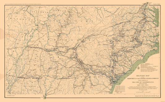 Historical Civil War Map - General Sherman Marches 1863 1865 - Bien 1894 - 37.07 x 23 - Vintage Wall Art