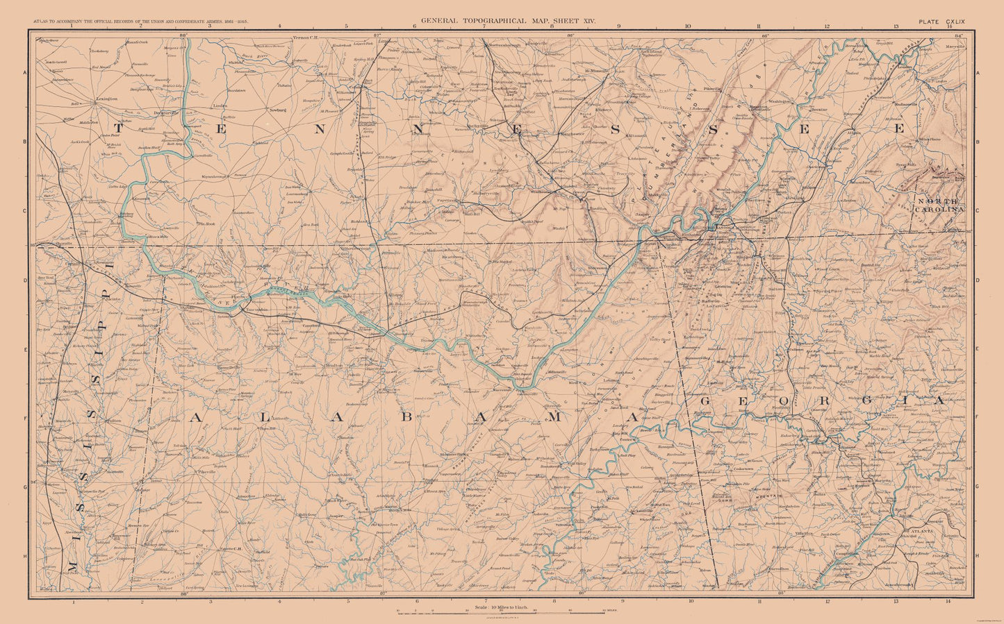 Historical Civil War Map - Mississippi Tennessee Alabama Georgia - Bien 1894 - 32.70 x 23 - Vintage Wall Art