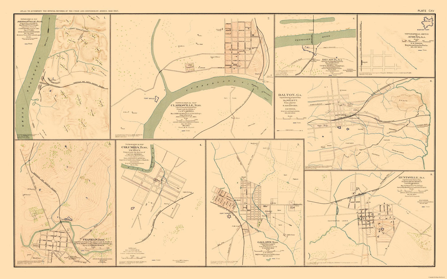 Historical Civil War Map - Defenses 9 Views - Bien 1894 - 36.87 x 23 - Vintage Wall Art