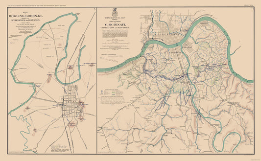 Historical Civil War Map - Kentucky Ohio Approaches Defenses - Bien 1894 - 37.25 x 23 - Vintage Wall Art