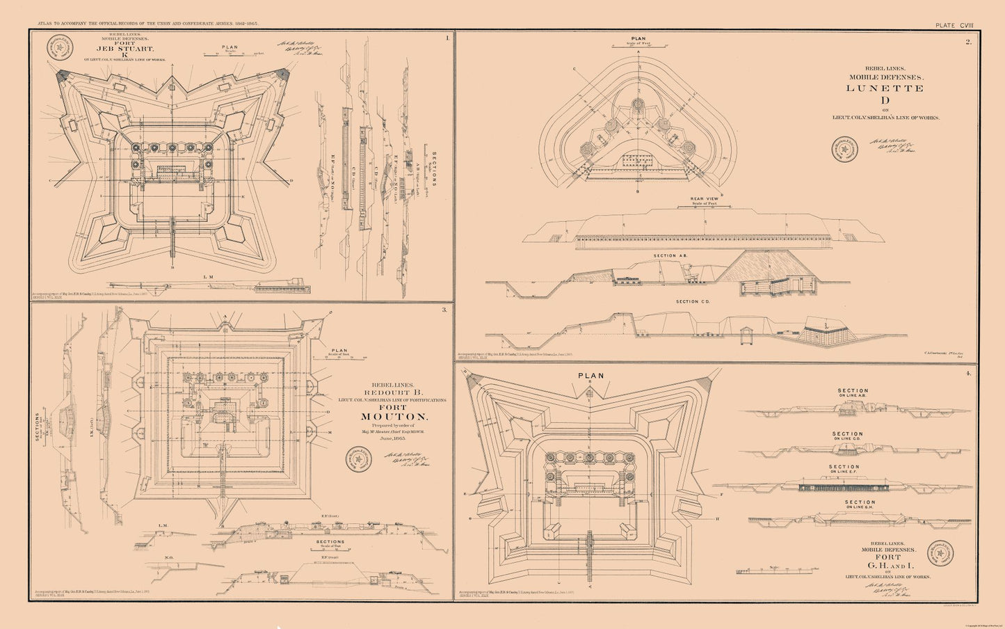 Historical Civil War Map - Rebel Lines Mobile Defenses 4 Views - Bien 1894 - 36.78 x 23 - Vintage Wall Art