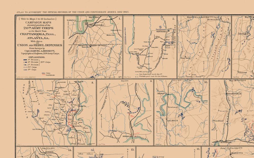 Historical Civil War Map - Chattanooga Atlanta Campaigns - Bien 1894 - 37.04 x 23 - Vintage Wall Art