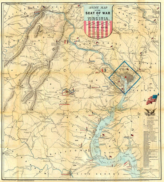 Historical Civil War Map - Virginia Theatre - Disturnell 1861 - 23 x 25.44 - Vintage Wall Art