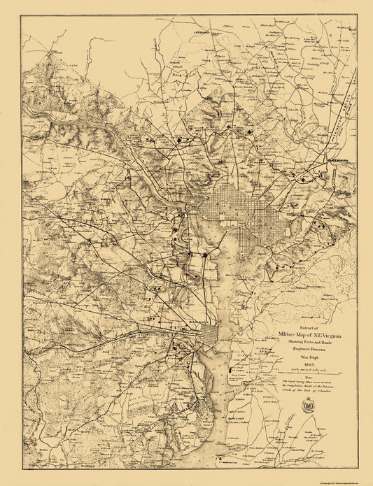 Historical Civil War Map - Virginia Forts Roads - US War Dept 1865 - 23 x 30 - Vintage Wall Art