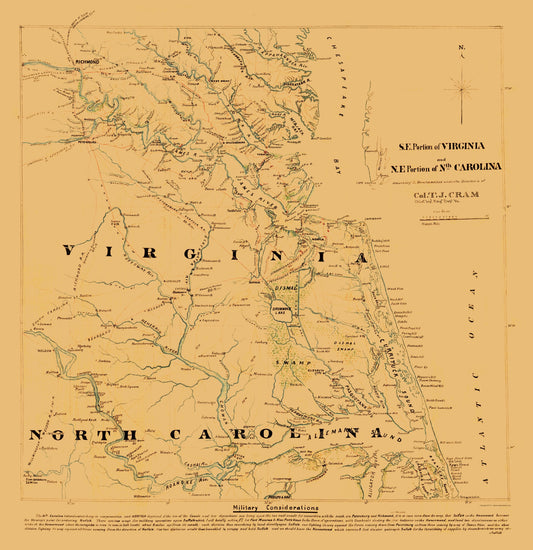 Historical Civil War Map - Virginia North Carolina - Cram 1860 - 23 x 23.75 - Vintage Wall Art