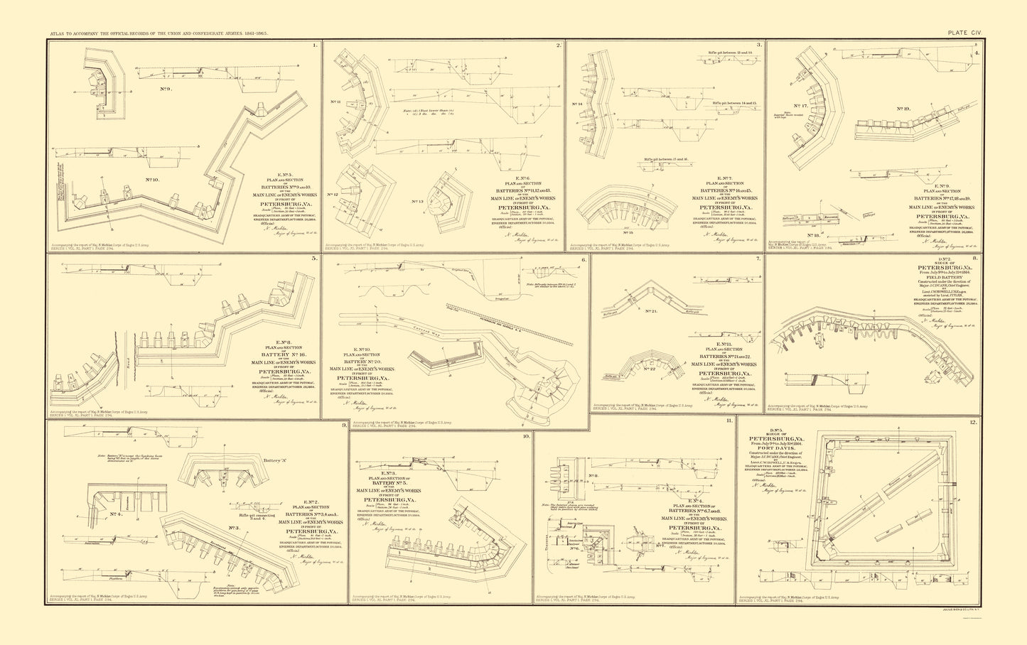 Historical Civil War Map - Virginia Batteries - Bien 1895 - 23 x 36.60 - Vintage Wall Art