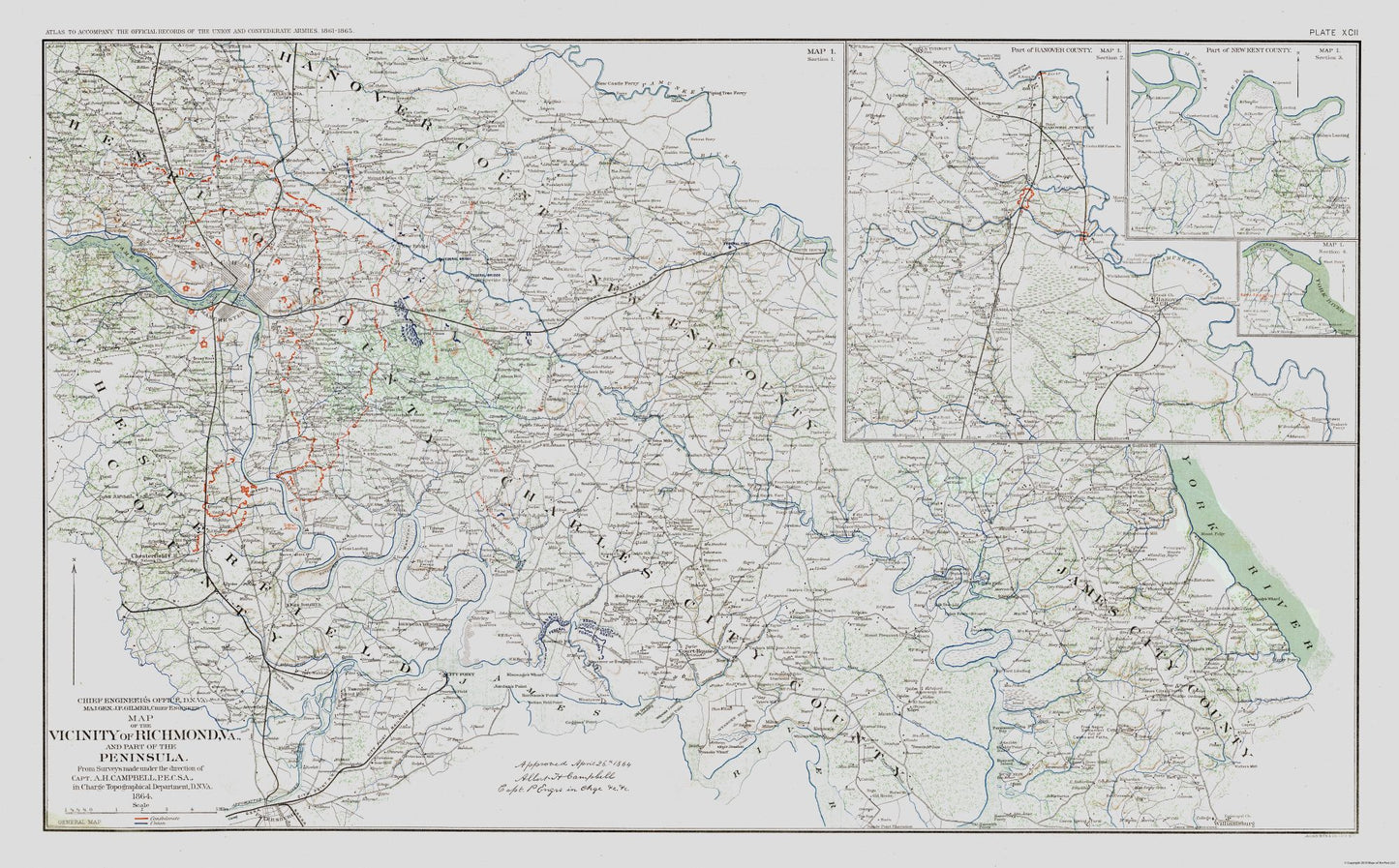 Historical Civil War Map - Virginia Vicinity Battle Survey - Campbell 1894 - 37.03 x 23 - Vintage Wall Art