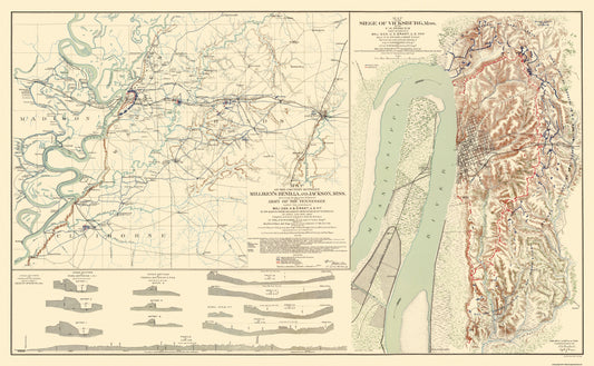 Historical Civil War Map - Vicksburg Mississippi Seige 2 Views - Bien 1863 - 37.25 x 23 - Vintage Wall Art