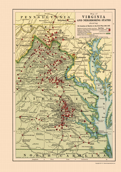 Historical Civil War Map - Virginia Area Battles  - Northrup 1912 - 23 x 32.78 - Vintage Wall Art