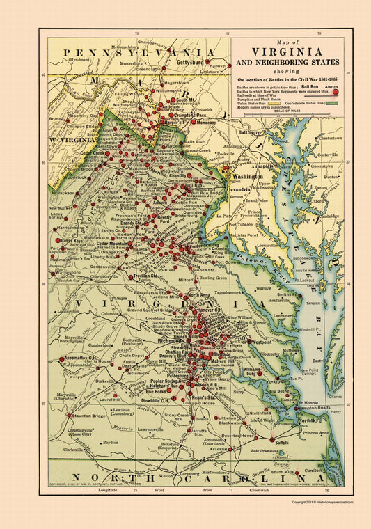 Historical Civil War Map - Virginia Area Battles  - Northrup 1912 - 23 x 32.78 - Vintage Wall Art