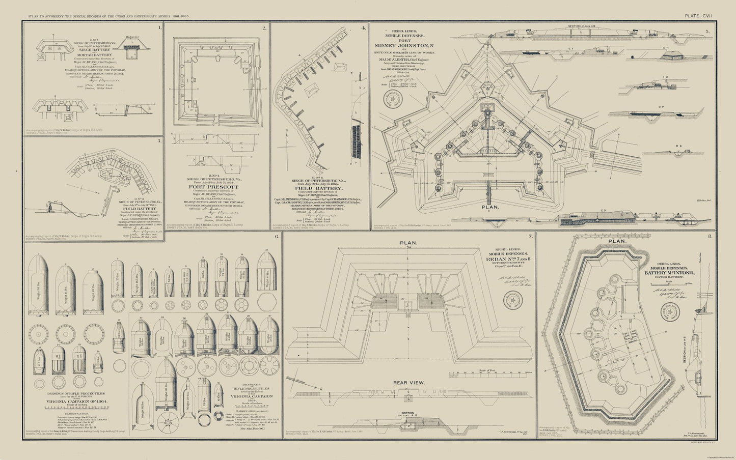 Historical Civil War Map - Petersburg Rebel Lines Mobile Defenses - Bien 1894 - 36.77 x 23 - Vintage Wall Art