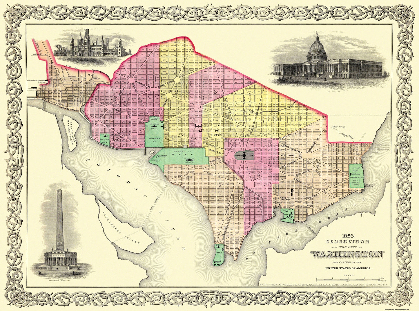 Historic City Map - Georgetown Washington DC - Colton 1856 - 31 x 23 - Vintage Wall Art