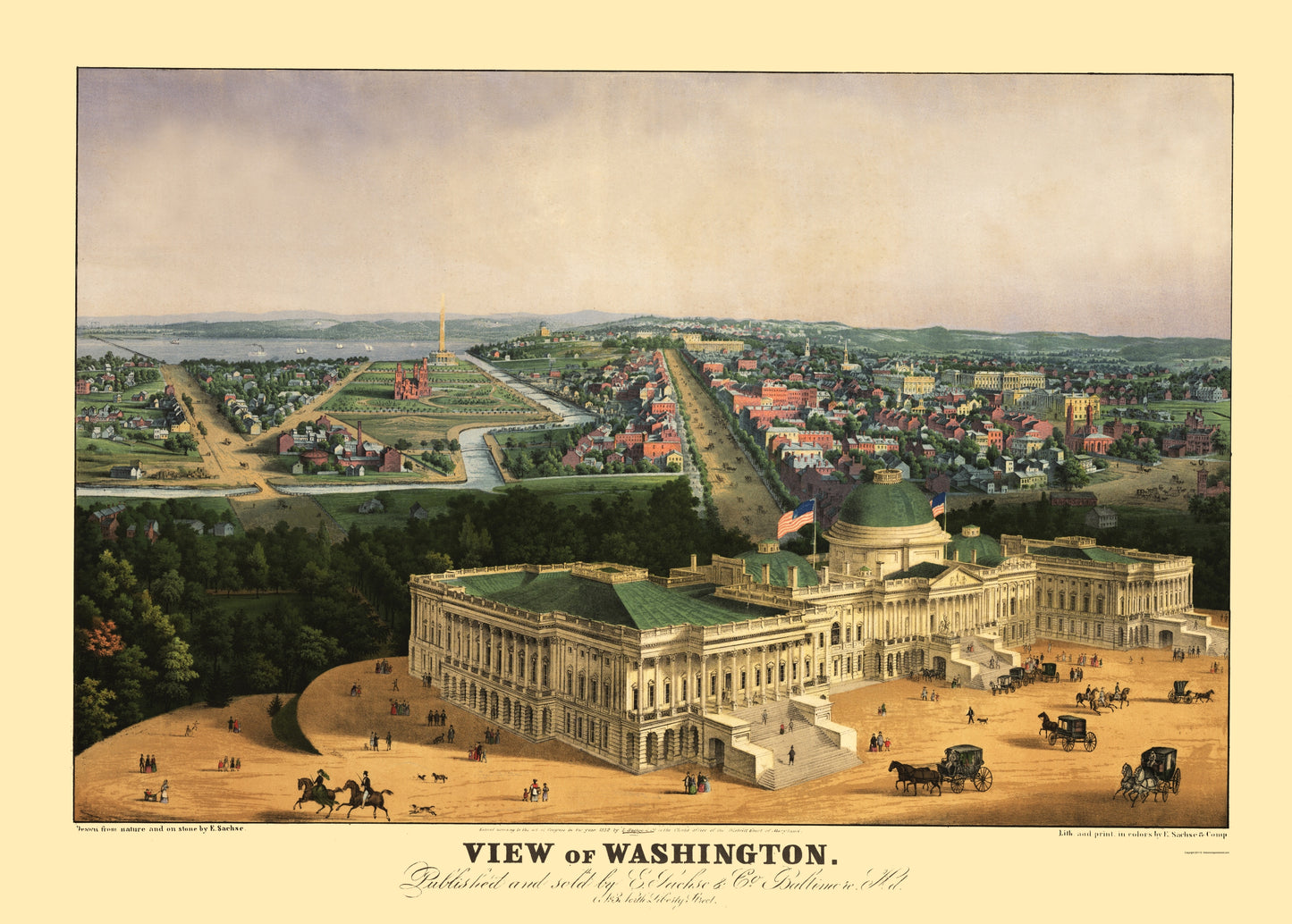 Historic Panoramic View - Washington DC - Sachese 1852 - 23 x 32.14 - Vintage Wall Art