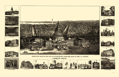 Historic Panoramic View - Washington DC - Sachese 1860 - 23 x 35.29 - Vintage Wall Art