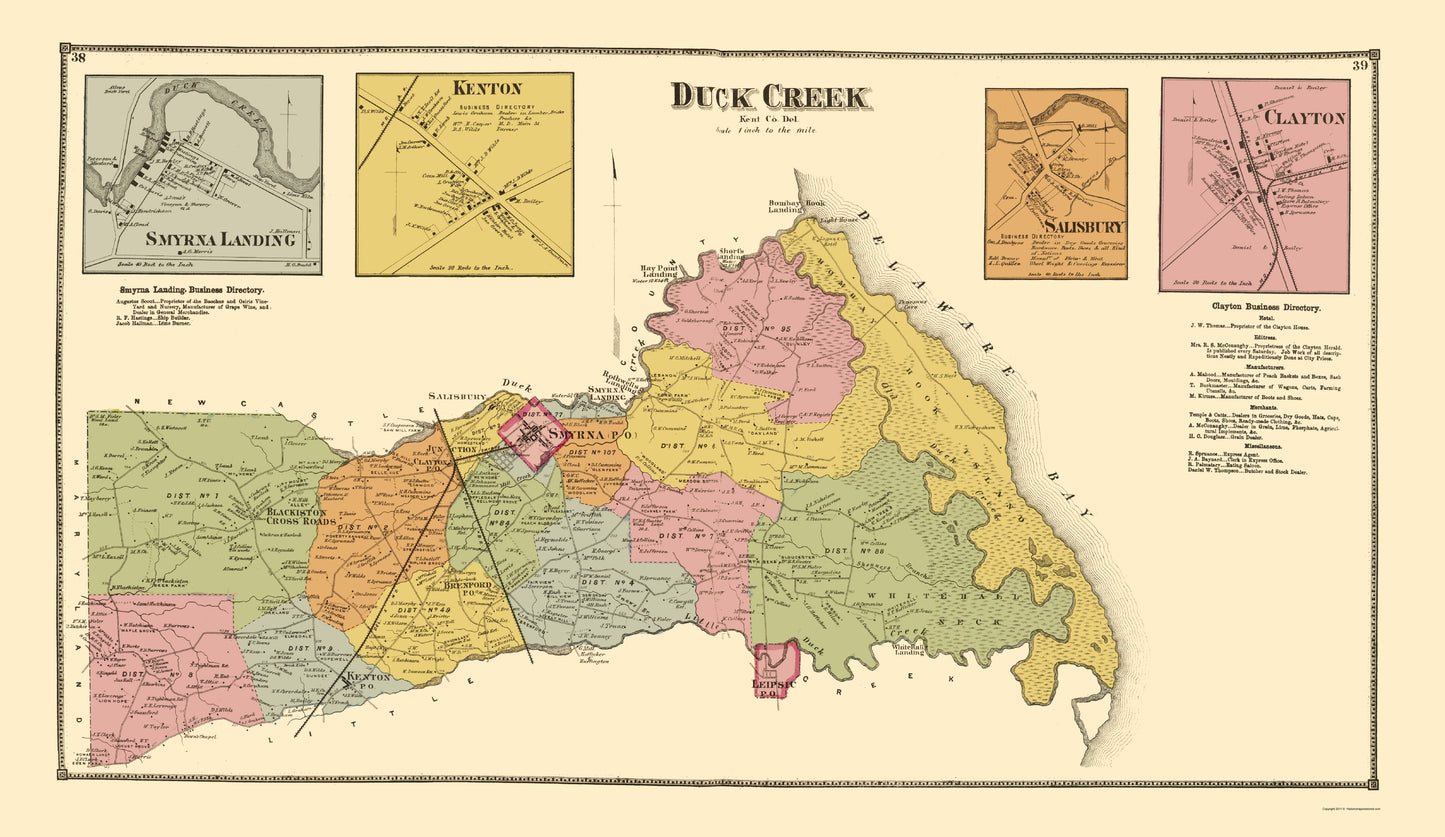 Historic City Map - Duck Creek Smyrna Landing Kenton Delaware - Beers 1868 - 23x39 - Vintage Wall Art