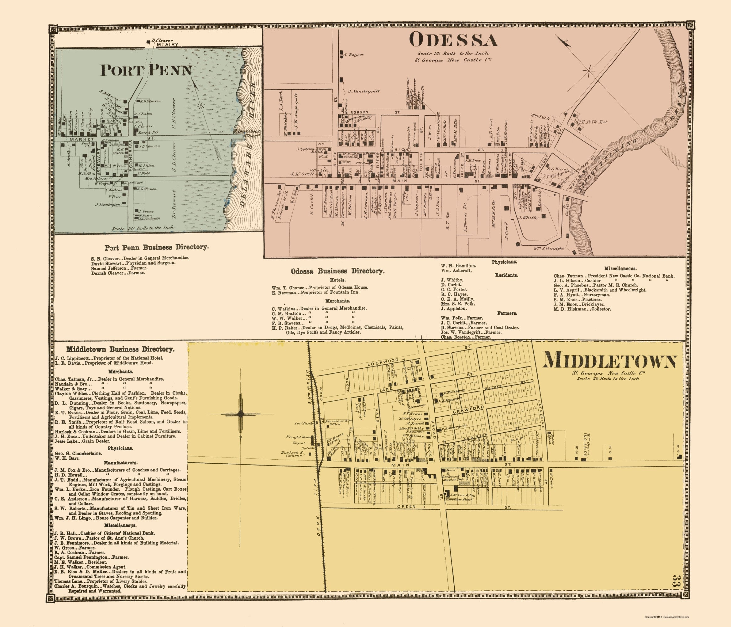 Historic City Map - Middletown Odessa Port Penn Delaware - Beers 1868 ...