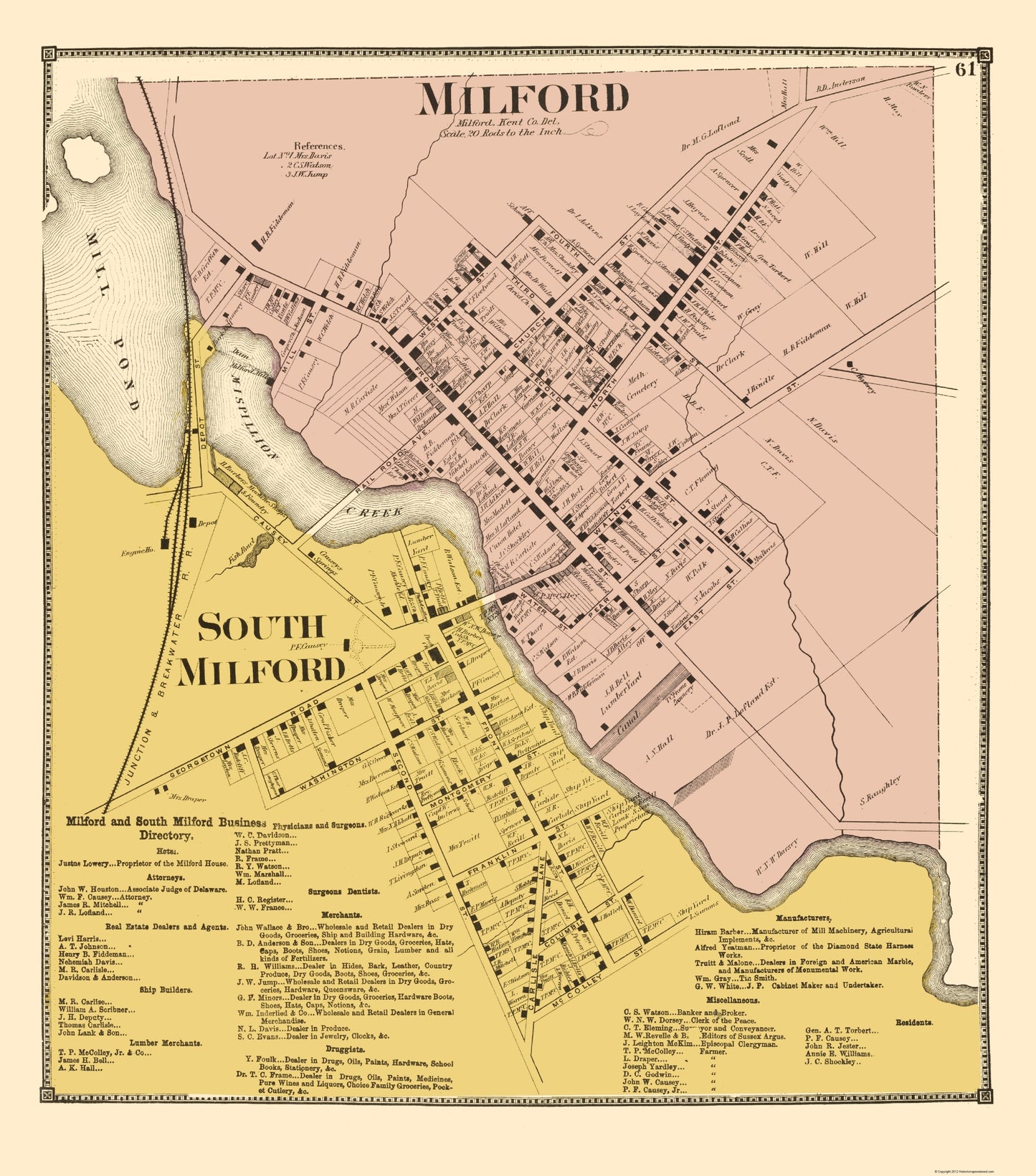 Historic City Map - Milford South Delaware - Beers 1868 - 23 x 26.12 - Vintage Wall Art