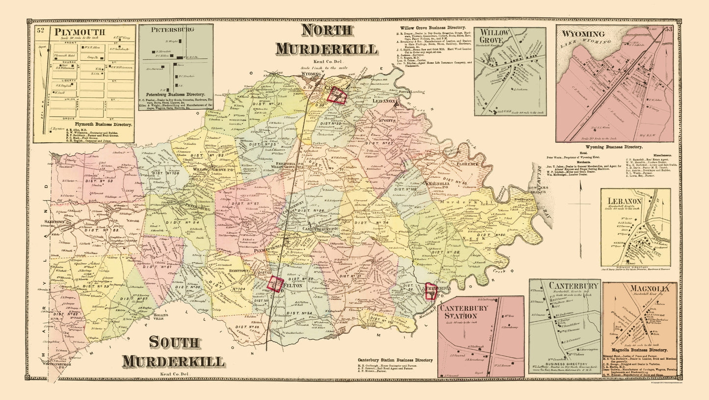 Historic City Map - Murderkill North Murderkill South Delaware - Beers 1868 - 23x40 - Vintage Wall Art