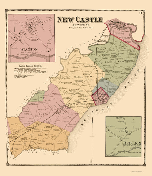 Historic County Map - New Castle County Delaware - Beers 1868 - 23 x 26.66 - Vintage Wall Art