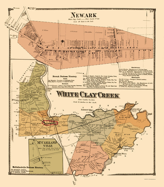 Historic City Map - Newark White Clay Creek Delaware - Beers 1868 - 23 x 26.14 - Vintage Wall Art