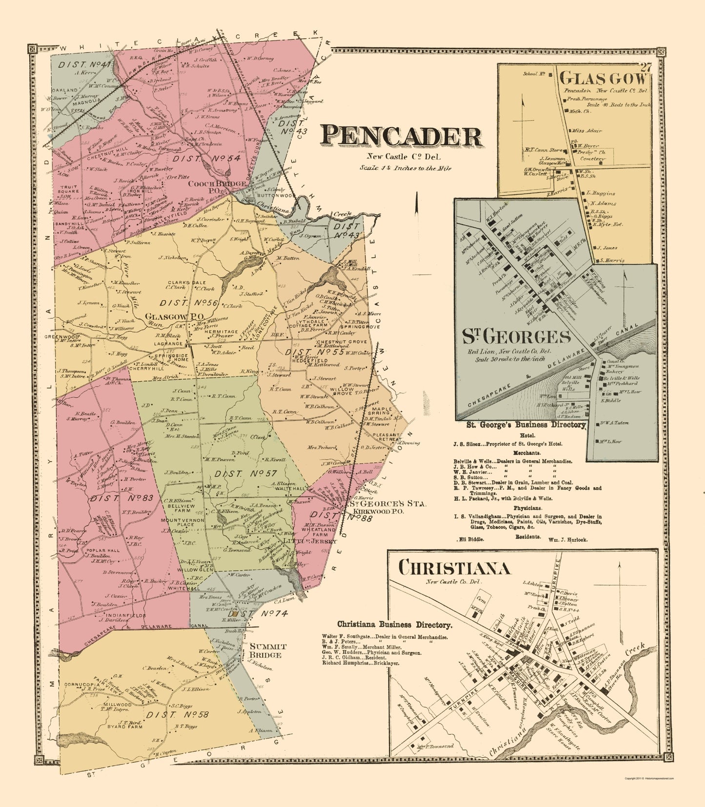 Historic City Map - Pencader Glasgow St Georges Delaware - Beers 1868 - 23 x 26 - Vintage Wall Art