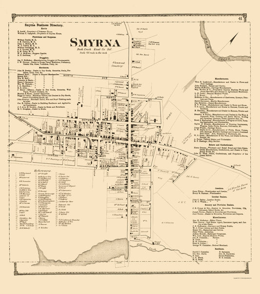 Historic City Map - Smyrna Delaware - Beers 1868 - 23 x 26.00 - Vintage Wall Art