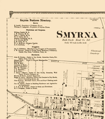Historic City Map - Smyrna Delaware - Beers 1868 - 23 x 26.00 - Vintage Wall Art
