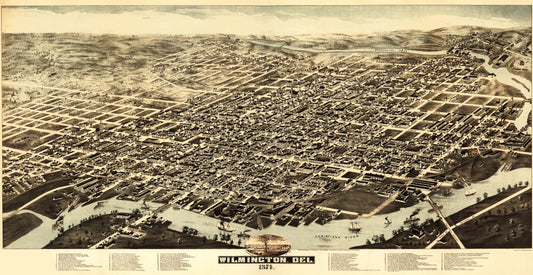 Historic Panoramic View - Wilmington Delaware - Harkness 1874 - 23 x 44.53 - Vintage Wall Art