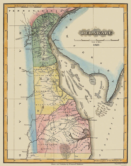 Historic State Map - Delaware - Lucas 1823 - 23 x 29 - Vintage Wall Art