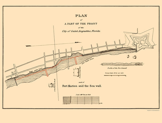 Historic City Map - St Augustine Fort Marion Sea Wall Florida - Duney 1835 - 23 x 30.28 - Vintage Wall Art