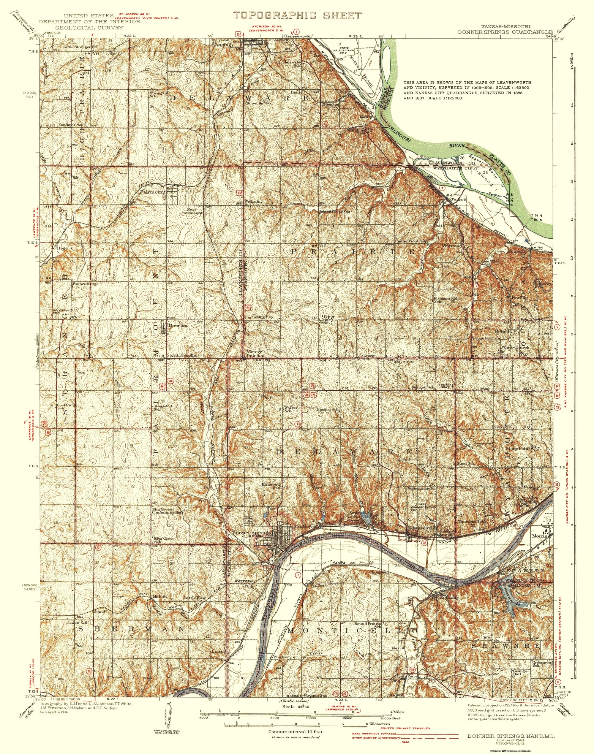 Topographical Map - Bonner Springs Kansas Missouri Quad - USGS 1940 ...