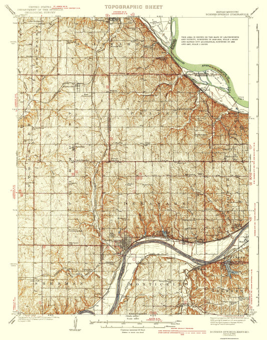 Topographical Map - Bonner Springs Kansas Missouri Quad - USGS 1940 - 23 x 29.21 - Vintage Wall Art