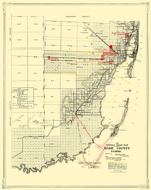 Historic County Map - Dade County Florida Road - Miami Motor Club 1921 - 23 x 28.88 - Vintage Wall Art