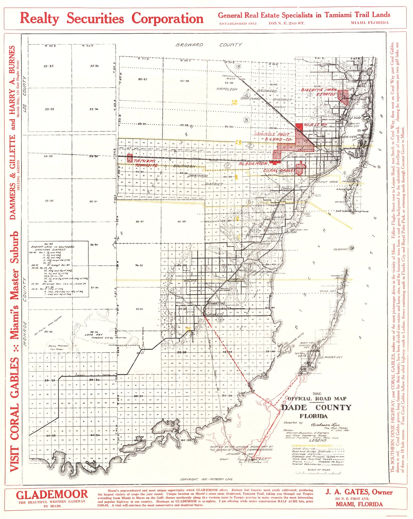 Historic County Map - Dade County Florida Road - Richeson 1921 - 23 x 28.89 - Vintage Wall Art