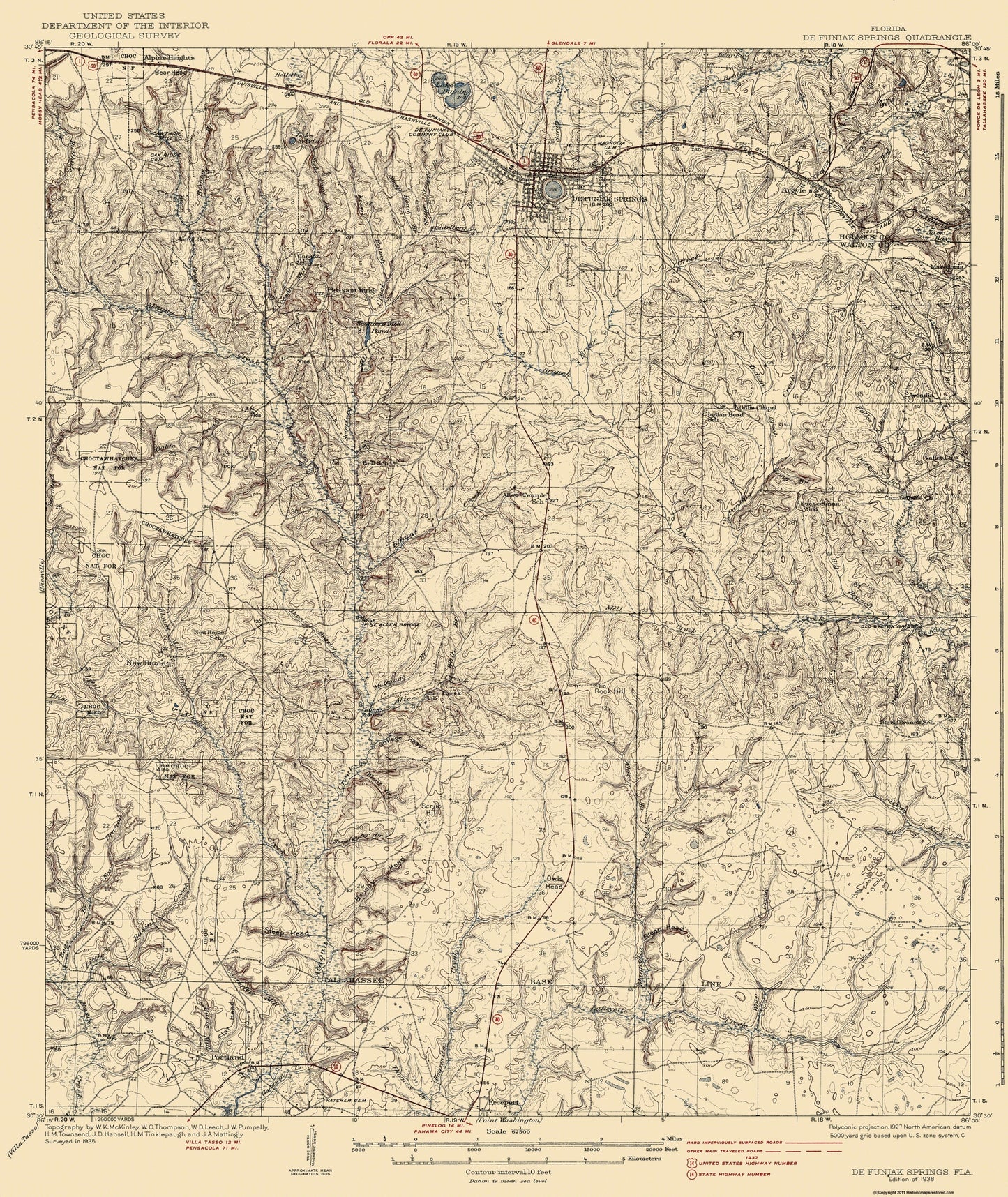 Topographical Map - De Funiak Springs Florida Quad - USGS 1938 - 23 x 27.31 - Vintage Wall Art