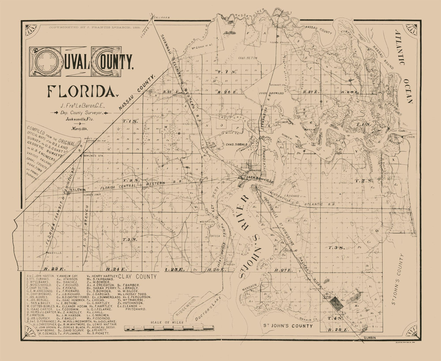 Historic County Map - Duval County Florida - Le Baron 1884 - 28.15 x 23 - Vintage Wall Art