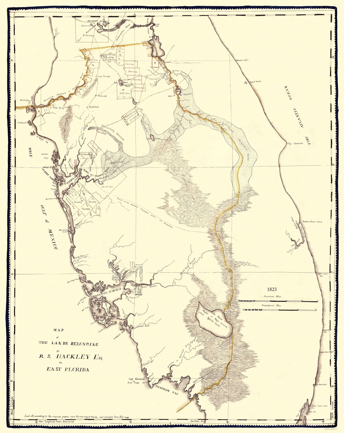 Historic City Map - Tampa Bay Hackley Florida - Hackley 1823 - 23 x 28.94 - Vintage Wall Art