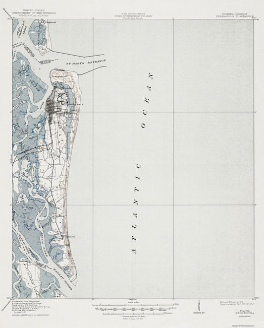 Topographical Map - Fernandina Florida Quad - USGS 1919 - 23 x 28.52 - Vintage Wall Art